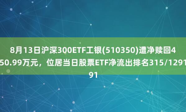 8月13日沪深300ETF工银(510350)遭净赎回450.99万元，位居当日股票ETF净流出排名315/1291