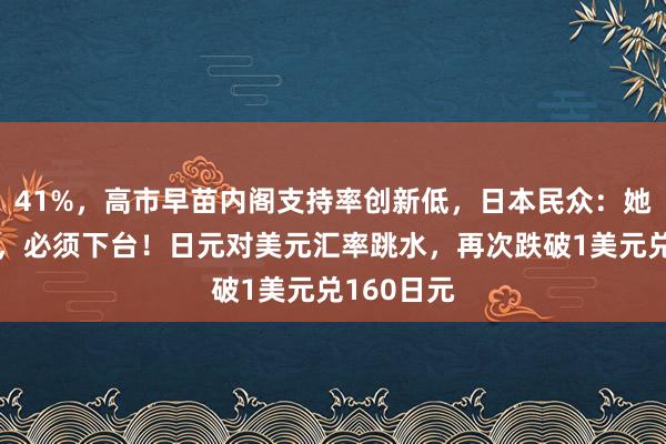 41%，高市早苗内阁支持率创新低，日本民众：她撒谎成性，必须下台！日元对美元汇率跳水，再次跌破1美元兑160日元